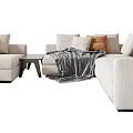 Modern Beige Linen Sectional Sofa With Decorative Pillows Throw Blanket And Side Table 3d model
