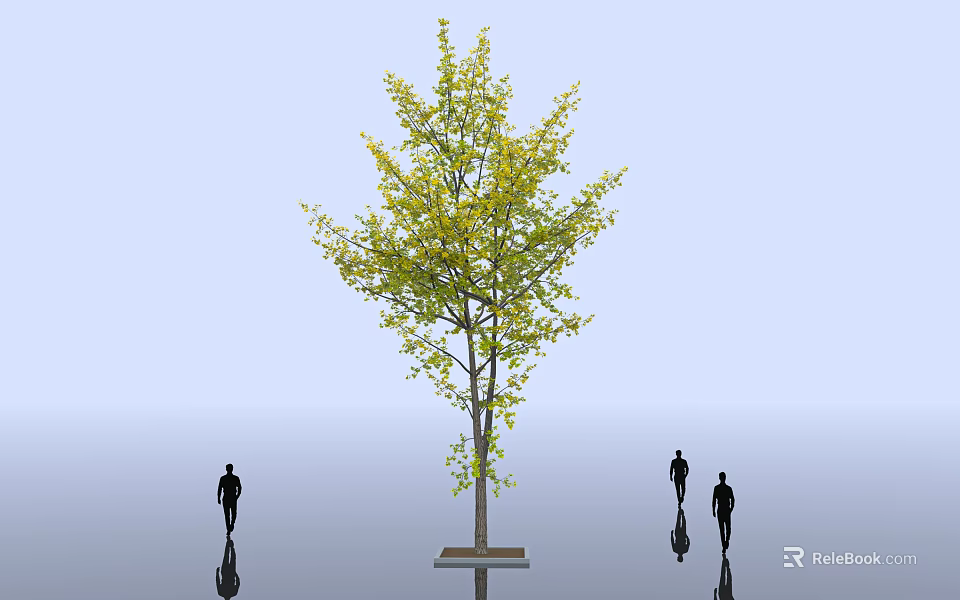 Tall Deciduous Tree With Green Leaves Standing In Open Space With Silhouette Figures 3d model 