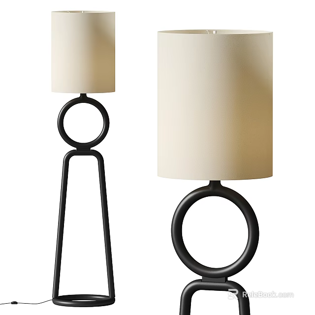 Modern Floor Lamp With Beige Fabric Shade And Black Metal Ring Base Design 3d model 