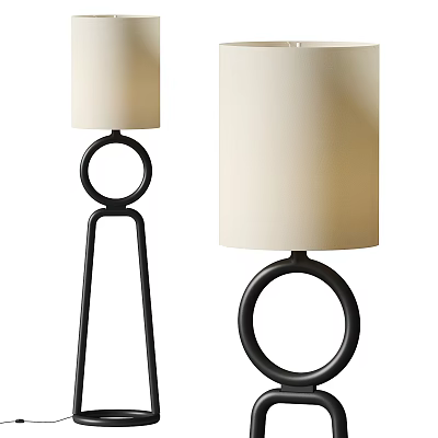 Modern Floor Lamp With Beige Fabric Shade And Black Metal Ring Base Design 3d model