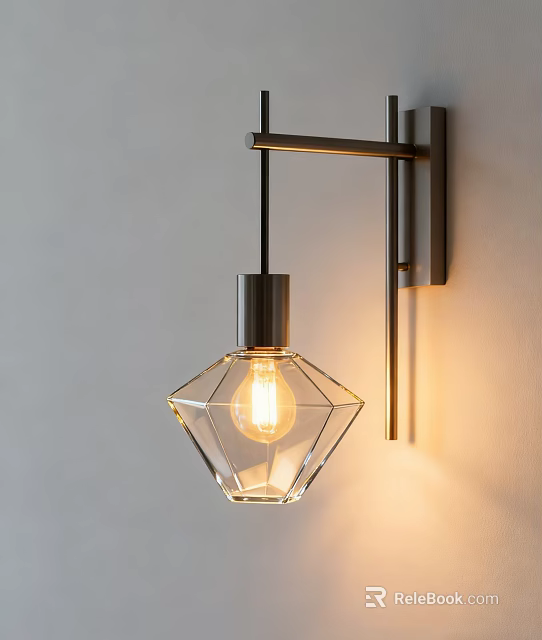 Modern Wall Lamp With Transparent Diamond Glass Shade Metal Bracket and Warm Light On Wall 3d model 