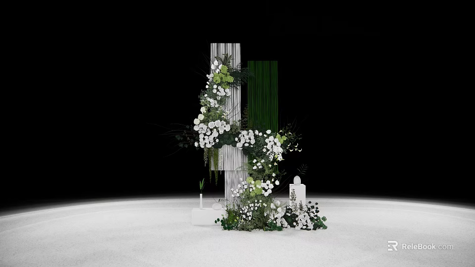 Elegant Floral Installation with White Flowers Green Foliage and Decorative Columns 3d model 
