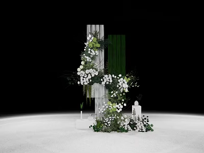 Elegant Floral Installation with White Flowers Green Foliage and Decorative Columns 3d model