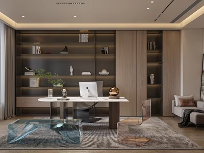 Modern Home Office Interior Design With Built-in Shelves Computer Desk Green Plant And Sofa 3d model
