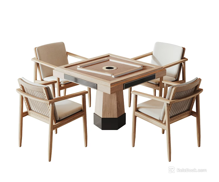 Modern Square Entertainment Table with Central Game Surface and Wooden Woven Backrest Chairs 3d model 