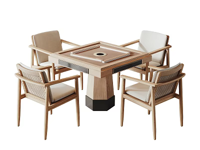 Modern Square Entertainment Table with Central Game Surface and Wooden Woven Backrest Chairs 3d model
