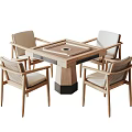 Modern Square Entertainment Table with Central Game Surface and Wooden Woven Backrest Chairs