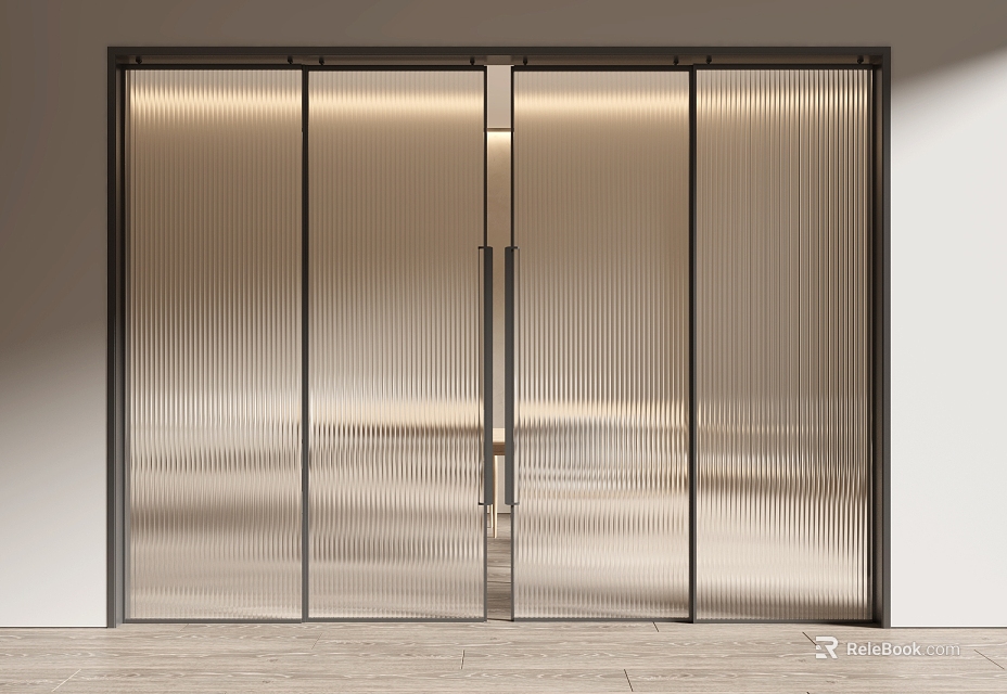 Elegant Modern Ribbed Glass Sliding Doors With Sleek Black Frame Design 3d model 