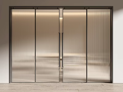 Elegant Modern Ribbed Glass Sliding Doors With Sleek Black Frame Design 3d model