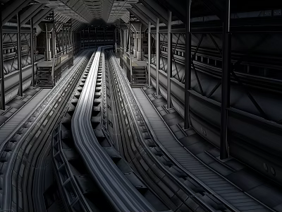 Modern Road Infrastructure Featuring Underground Tunnel With Metal Support Frames And Illuminated Railway Tracks 3d model