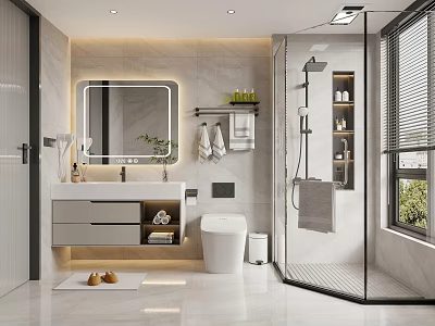 Modern Bathroom Interior With Marble Walls Vanity Smart Toilet Glass Shower And Natural Light 3d model