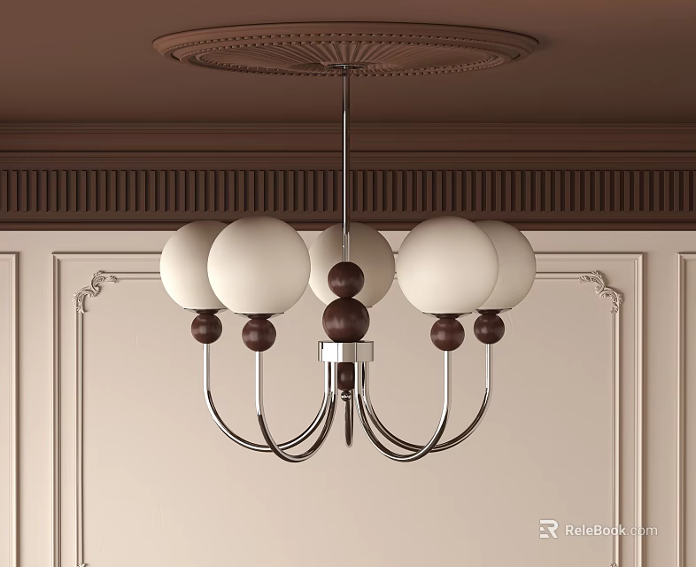 White Spherical Shades Chandelier With Wooden Ball Accents And Metal Frame In Decorative Wall Room 3d model 