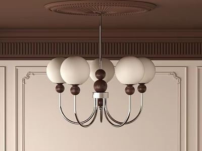White Spherical Shades Chandelier With Wooden Ball Accents And Metal Frame In Decorative Wall Room 3d model