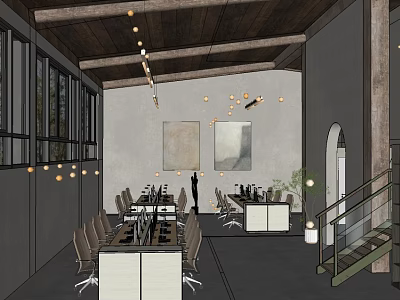 Open Office Interior With Wooden Ceiling Pendant Lights Long Tables Chairs Paintings And Large Windows 3d model
