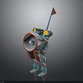 Blue Toy Robot With Megaphone Yellow Eyes And Red Flag Design