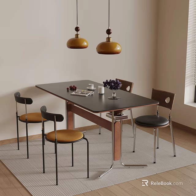 Modern Dining Room With Black Rectangular Table Brown Black Chairs And Yellow Pendant Lights 3d model 