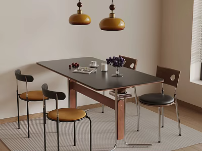 Modern Dining Room With Black Rectangular Table Brown Black Chairs And Yellow Pendant Lights 3d model