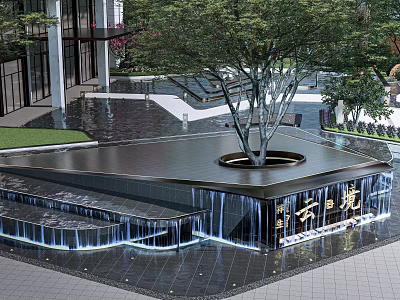 Modern Garden Ornament Featuring Square Water Pool Central Tree Flowing Water And Paved Steps 3d model