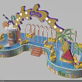 Colorful Water Amusement Rides With Yellow Boats Palm Trees And Watermelon Decorations