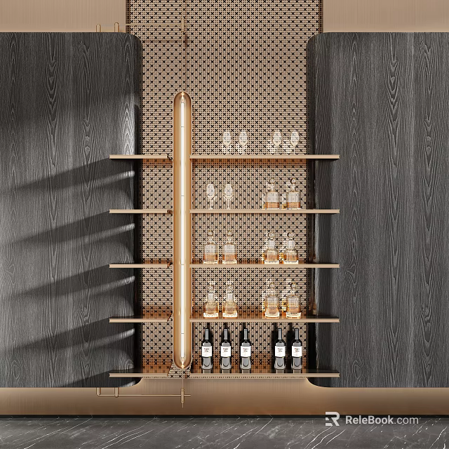 Modern Gold Display Shelf with Wine Bottles and Glasses on Dark Wood Wall 3d model 
