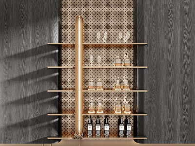 Modern Gold Display Shelf with Wine Bottles and Glasses on Dark Wood Wall 3d model