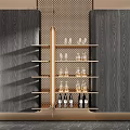 Modern Gold Display Shelf with Wine Bottles and Glasses on Dark Wood Wall