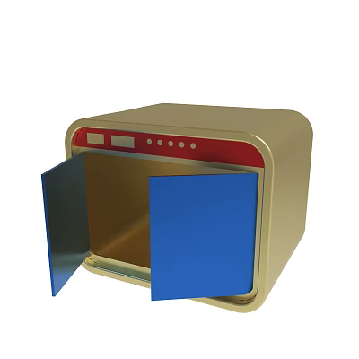Golden Device With Red Trim And Open Blue Doors Showing Interior 3d model