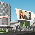 Modern Commercial Complex With Glass Facade Escalators Large Digital Billboard And Pedestrian Flow