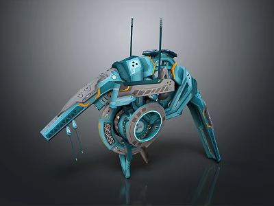 Futuristic Cyan Blue Mechanical Device With Multi Legs Antenna And Circular Components 3d model