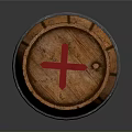 Vintage Wooden Barrel With Red Cross And Metal Hoops For Household Storage