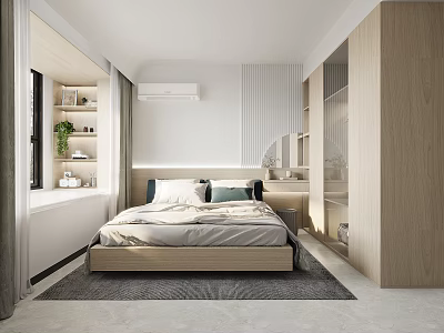 Modern Bedroom Interior Design With Bed Nightstand Window Shelf And Striped Wall 3d model