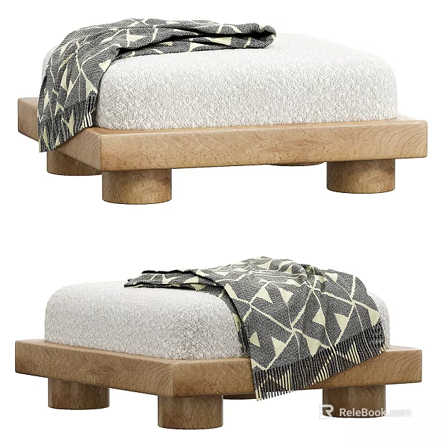 Modern Design Wooden Base Ottoman With White Upholstered Cushion And Geometric Pattern Blanket 3d model 