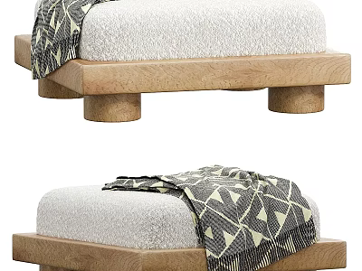 Modern Design Wooden Base Ottoman With White Upholstered Cushion And Geometric Pattern Blanket 3d model