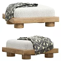 Modern Design Wooden Base Ottoman With White Upholstered Cushion And Geometric Pattern Blanket