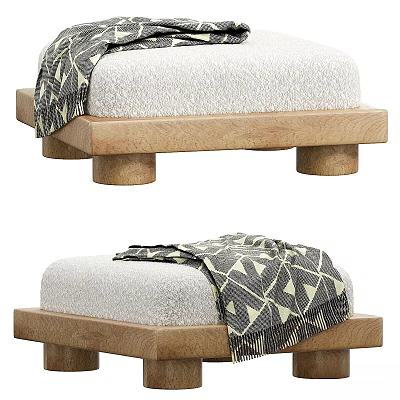 Modern Design Wooden Base Ottoman With White Upholstered Cushion And Geometric Pattern Blanket 3d model