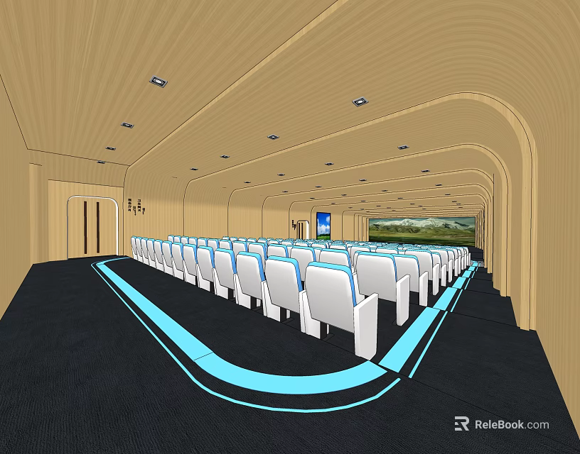 Modern Conference Room With White Chairs Large Screen Wooden Walls And Dark Carpet 3d model 