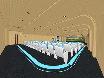 Modern Conference Room With White Chairs Large Screen Wooden Walls And Dark Carpet 3d model