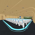 Modern Conference Room With White Chairs Large Screen Wooden Walls And Dark Carpet