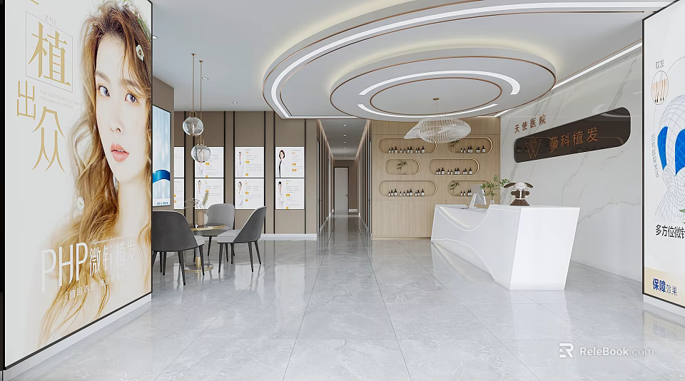 Beauty Salon Reception Area Interior With White Desk Marble Floor And Circular Lights 3d model 