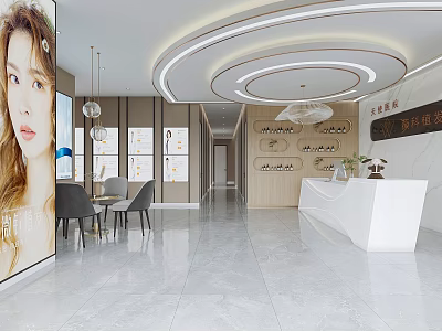 Beauty Salon Reception Area Interior With White Desk Marble Floor And Circular Lights 3d model