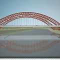 Red Arched Landscape Bridge Spanning River with Vehicles and Green Trees Modern Design