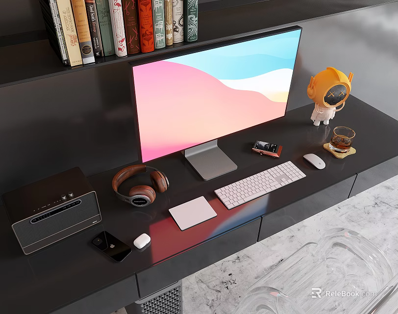 Modern Computer Desktop Setup With Monitor Keyboard Mouse Headphones Mobile Phone And Astronaut Figurine 3d model 