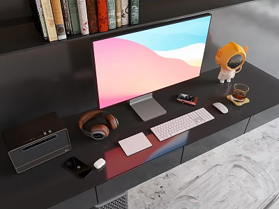 Modern Computer Desktop Setup With Monitor Keyboard Mouse Headphones Mobile Phone And Astronaut Figurine 3d model