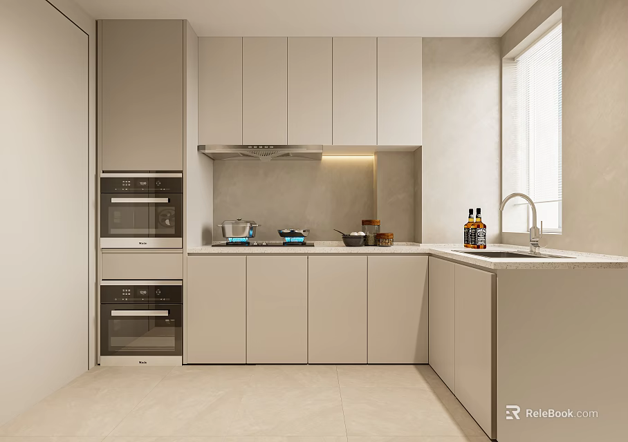 Modern Minimalist Beige Kitchen With Built In Ovens And Complete Functional Storage Cabinets 3d model 