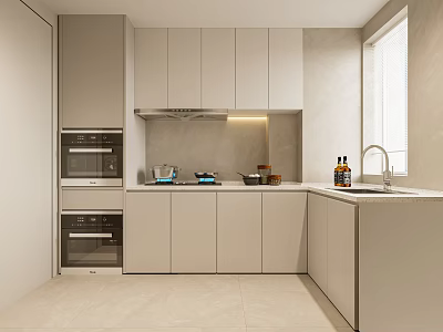 Modern Minimalist Beige Kitchen With Built In Ovens And Complete Functional Storage Cabinets 3d model