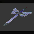 Detailed Fantasy Glowing Sword With Blue Gemstone And White Wing Decorations