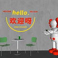 Welcome Background Wall Featuring Hello Welcome Text Rainbow Light Green Chairs Table And Cartoon Doll 3d model