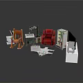 Office Workspace Setup With Wooden Chair Red Armchair Filing Cabinet Desk Lamp Printer And Papers