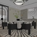 Modern Restaurant Interior With Round Dining Table Gray Chairs Geometric Rug And Chandelier