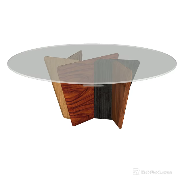 Modern Round Dining Table With Glass Top And Geometric Wooden Legs 3d model 